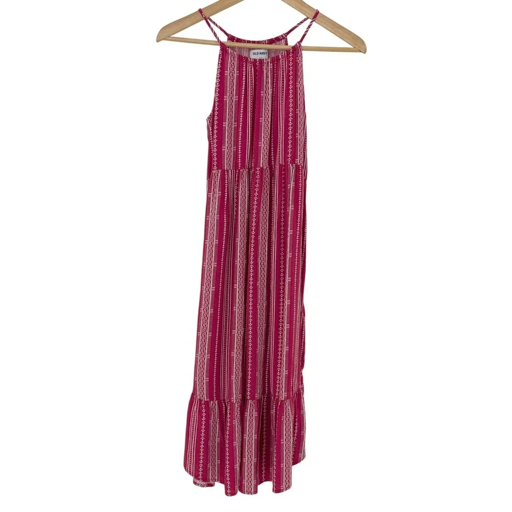 Kids Old Navy Pink White Striped Maxi Dress Ruffle Hem Halter Neck Size‎ XL